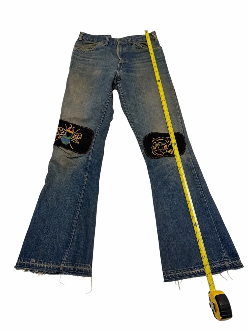 Levi's big E Blue Flare Jeans with Embroidered Knee Patches, pre-owned